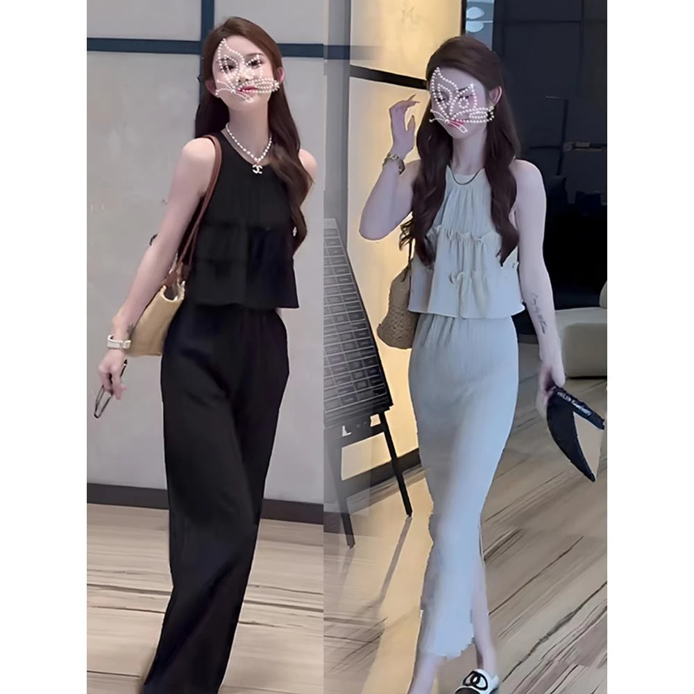 无袖背心上衣套装2025夏季新款甜美减龄休闲直筒长裤半身裙两件套