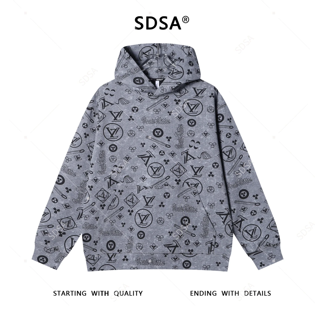 SDSA秋冬新款痞帅男装美式潮牌撞色满印印花字母连帽卫衣百搭时尚