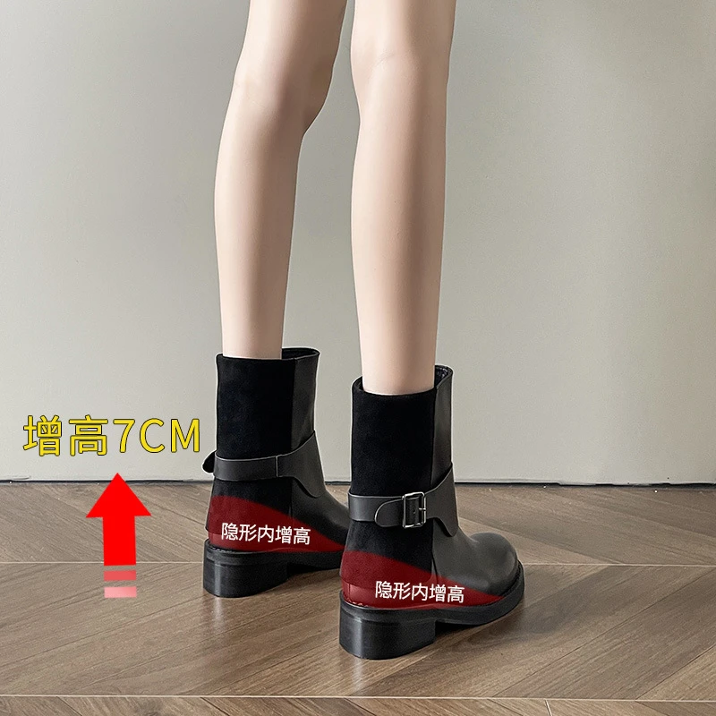 YH【蔡文静同款】复古粗跟斗篷靴新款烟筒扣带马丁靴切尔西短靴春秋