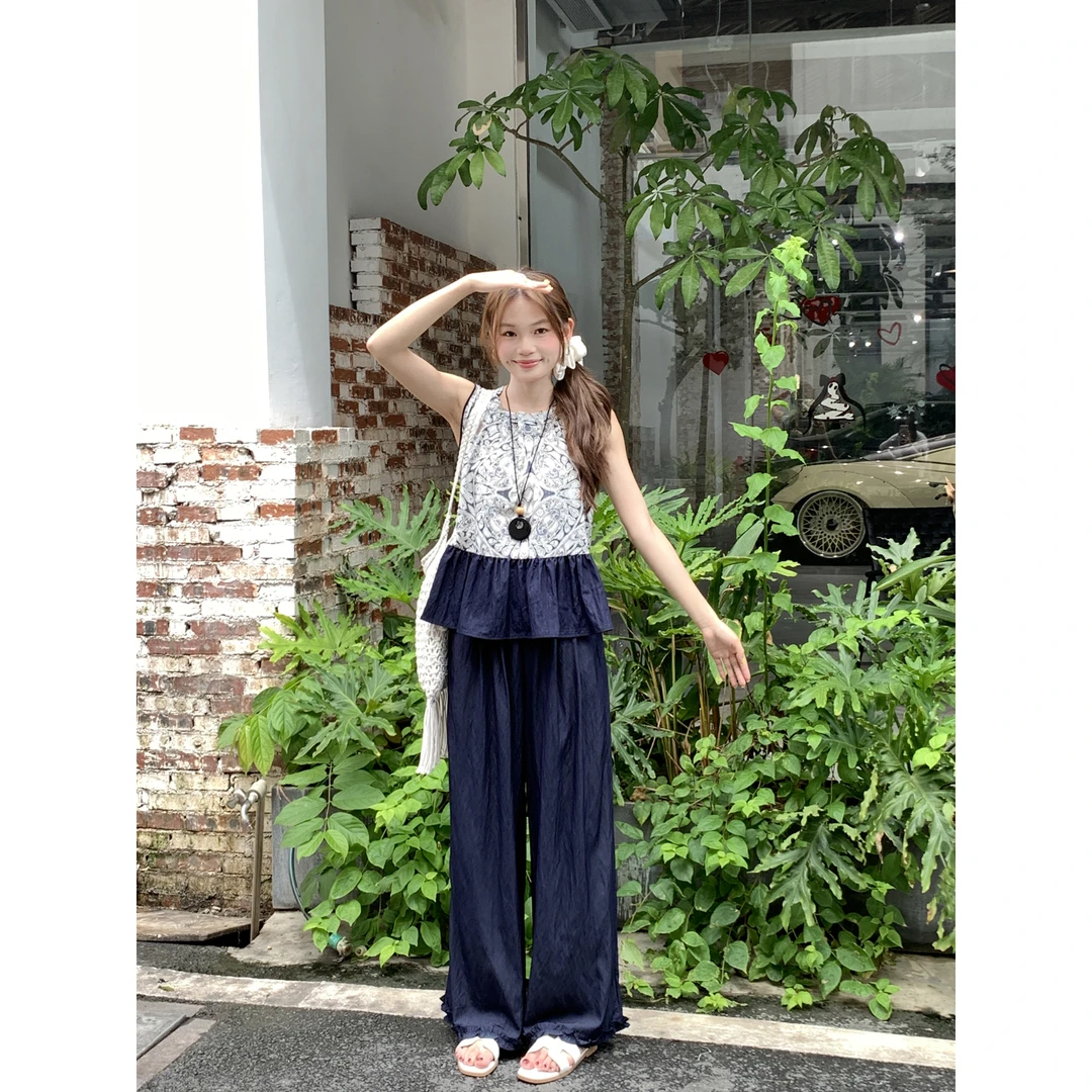 国风碎花背心+阔腿裤女装时尚套装2025夏季新款印花上衣女民族风