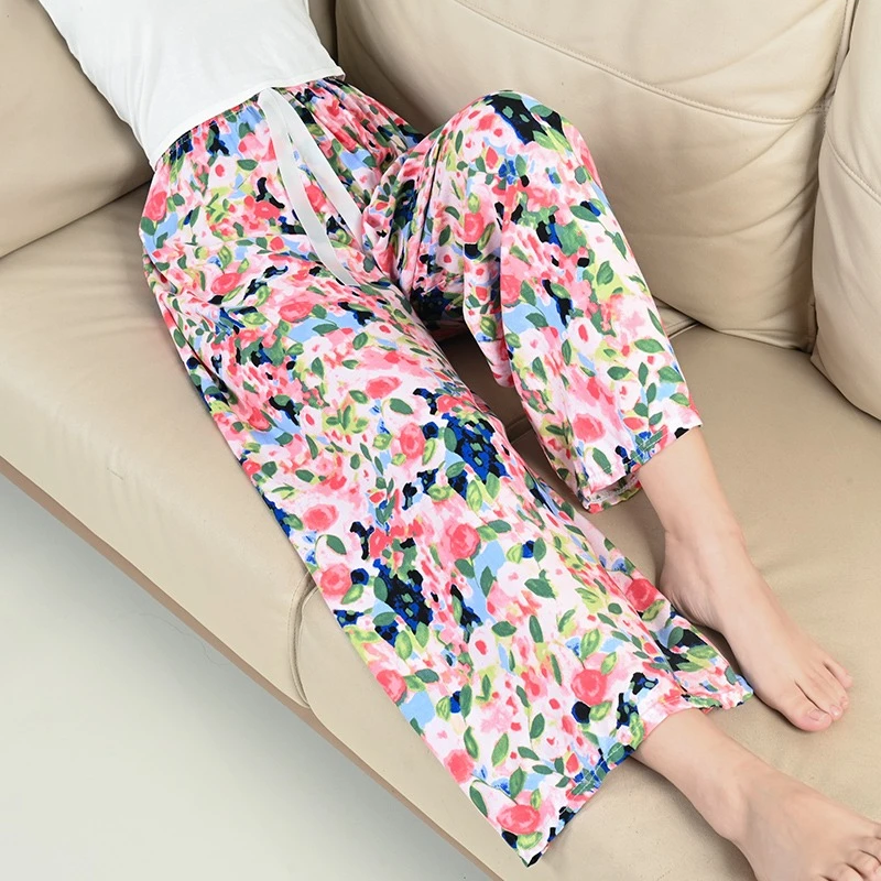 PLANDOO/帕兰朵春夏季宽松碎花棉绸睡裤家居可外穿直筒阔腿休闲裤