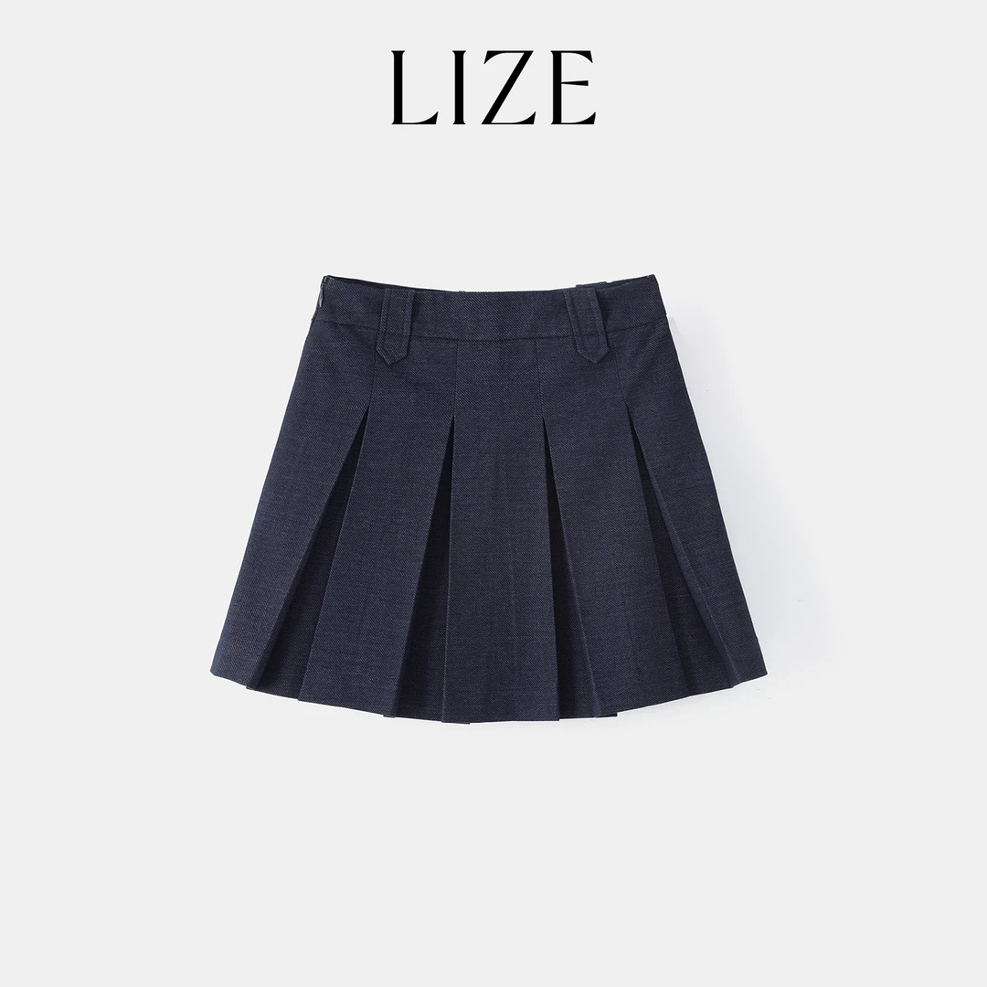 LIZE「偶像创造营-半裙」精纺牛仔感面料.自带安全裤.学院风百褶裙