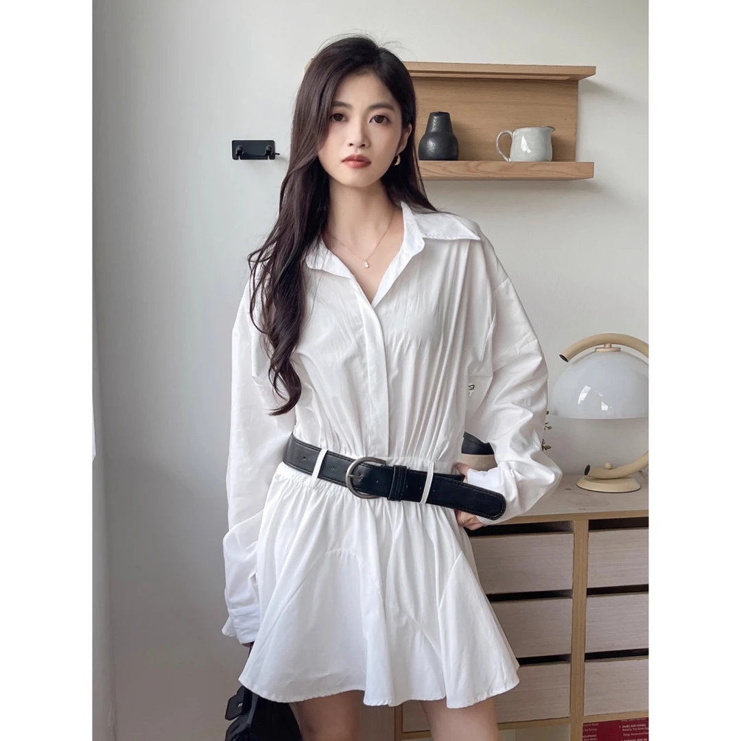 POLO领衬衫白色连衣裙女春秋2025新款高级感长袖韩系百褶a字短裙