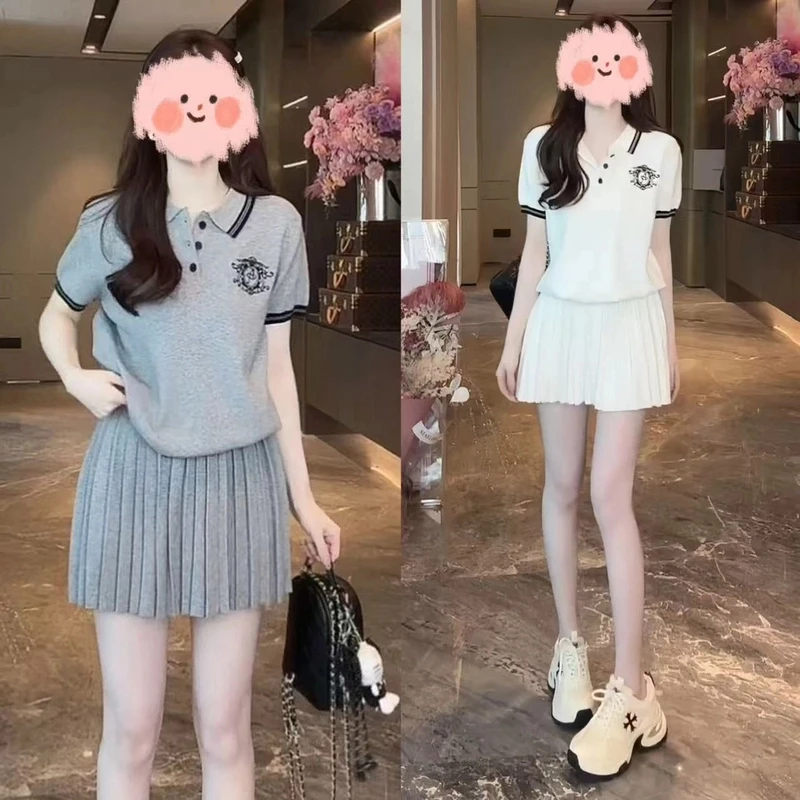 2025夏季新款时尚休闲polo领针织衫百褶半身裙时尚套装气质减龄女