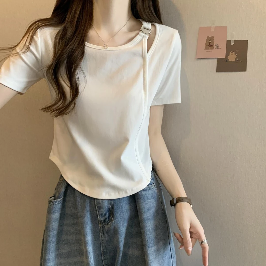 大码夏季设计感不规则正肩短袖t恤女胖mm修身显瘦小个子短款上衣