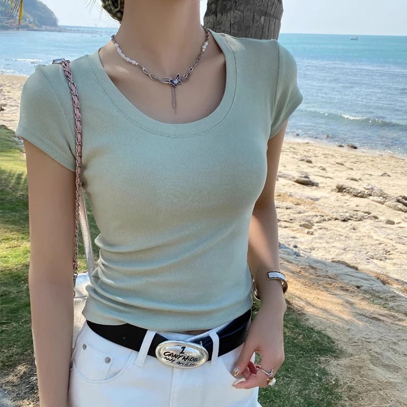 绿色圆领正肩修身短袖T恤女2025夏季新款超好看单穿小上衣