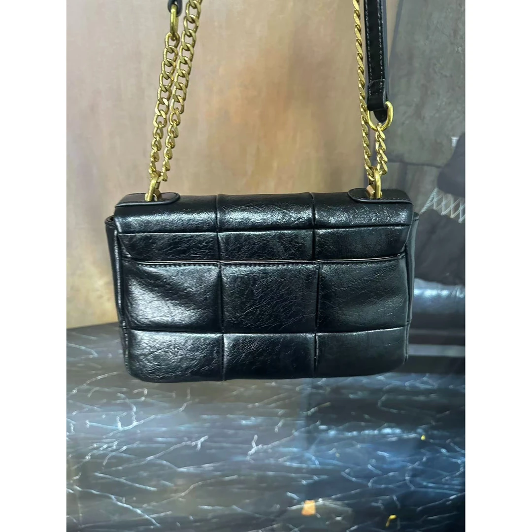 姝宴真皮女包油蜡方格黑色