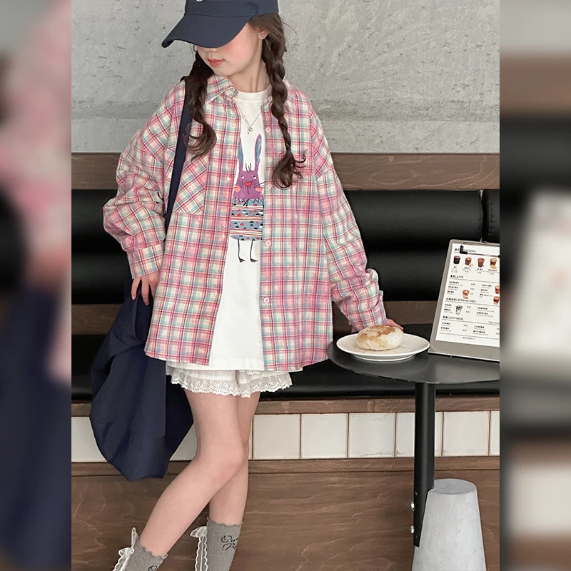 女童秋装扎染格子衬衫6-12岁小女孩韩版秋季宽松洋气中大童薄外套