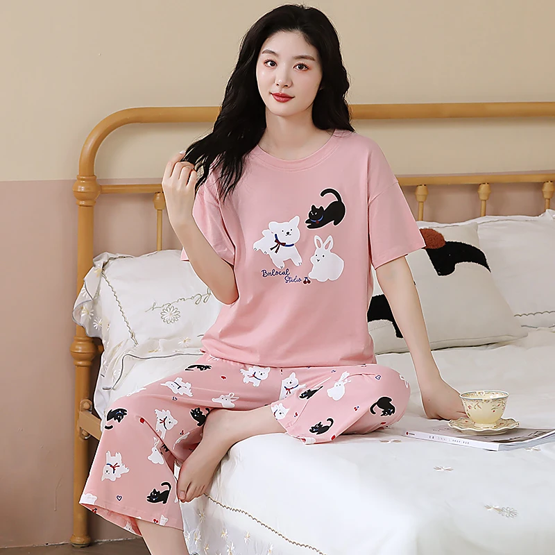 夏季100%棉2025新款睡衣薄款短袖八分裤全棉大码可外穿睡衣女