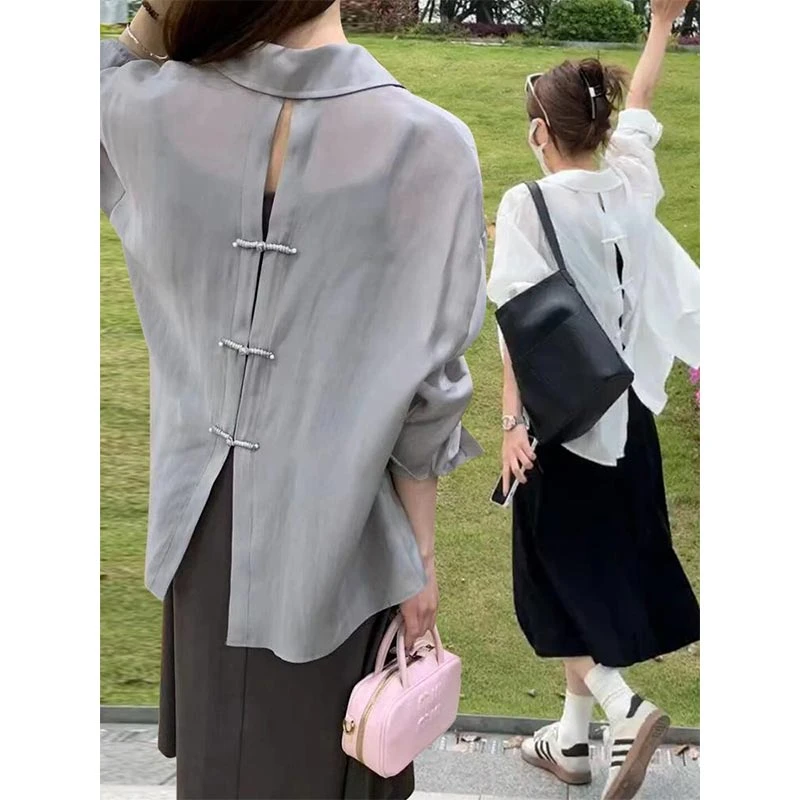 2025夏季新中式后背盘扣开叉长袖薄款防晒衬衫吊带连衣裙两件套女