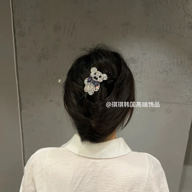 韩国轻奢高级感施华闪闪小熊一字扭扭夹10cm精致百搭原创设计款