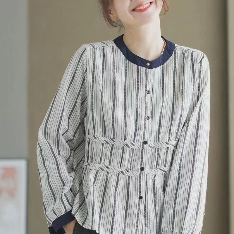 复古竖条纹全棉衬衫女秋宽松大码休闲设计感拼接撞色娃娃开衫上衣