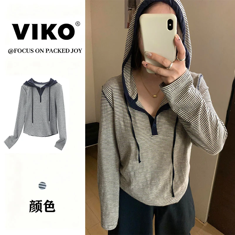 美式连帽长袖t恤女早秋新款打底衫宽松显瘦休闲百搭条纹时尚上衣