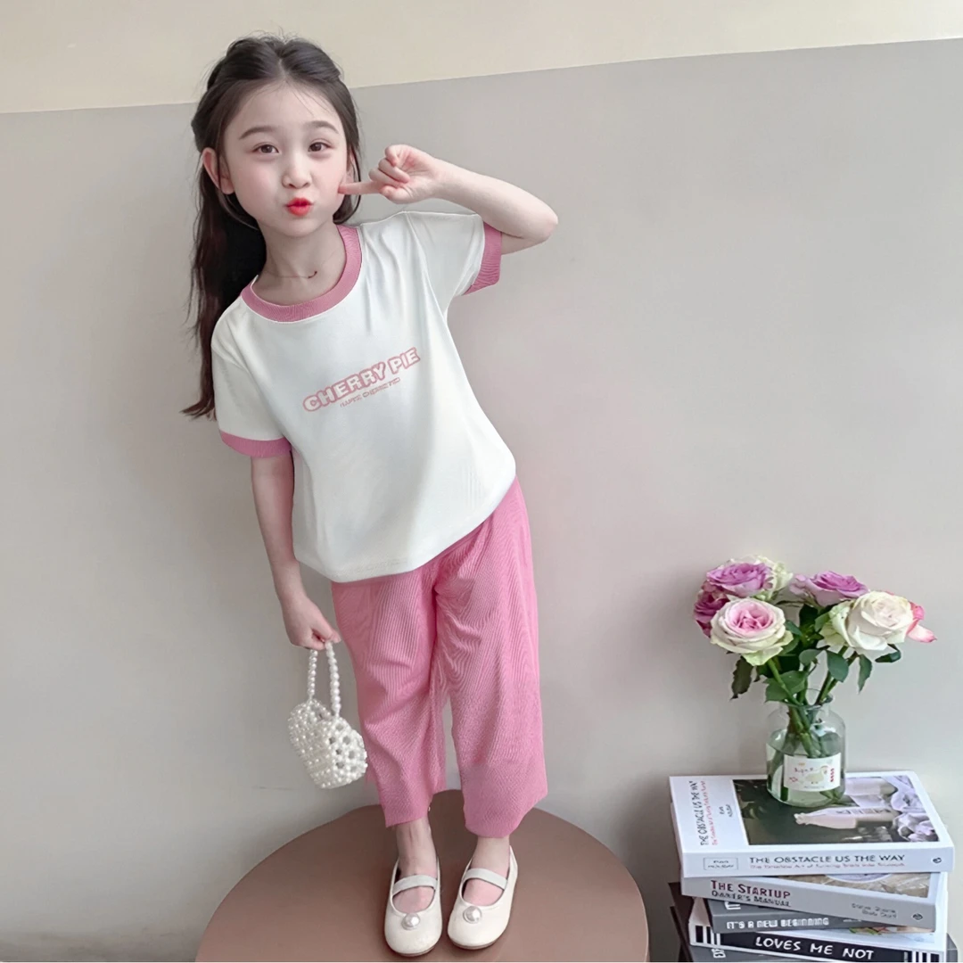 儿童时髦套装男女童夏装短袖上衣T恤冰丝阔腿裤洋气薄款时尚女孩