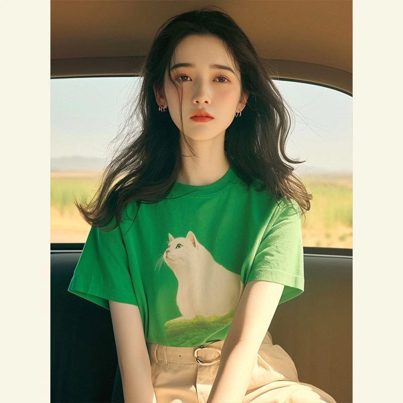 夏季款夏季多巴胺绿色卡通猫咪印花短袖T恤女别致上衣insCX7307