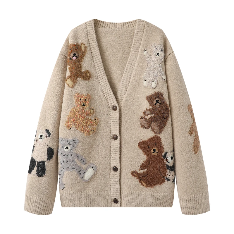 【小熊一家】冬季新款立体小熊针织衫时尚休闲百搭复古宽松