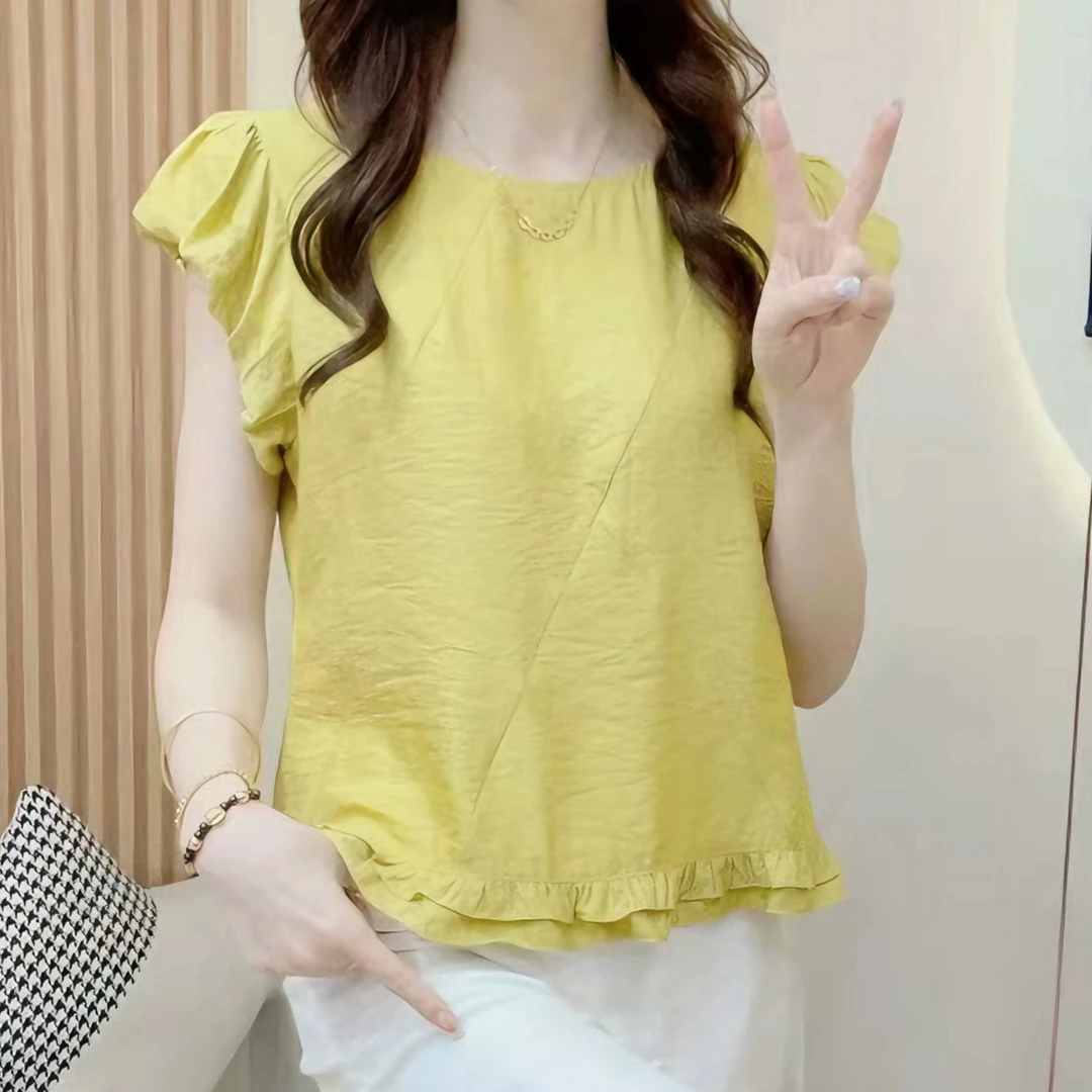 2025夏季新款圆领时尚短袖法式气质设计感下摆荷叶边衬衫女上衣潮