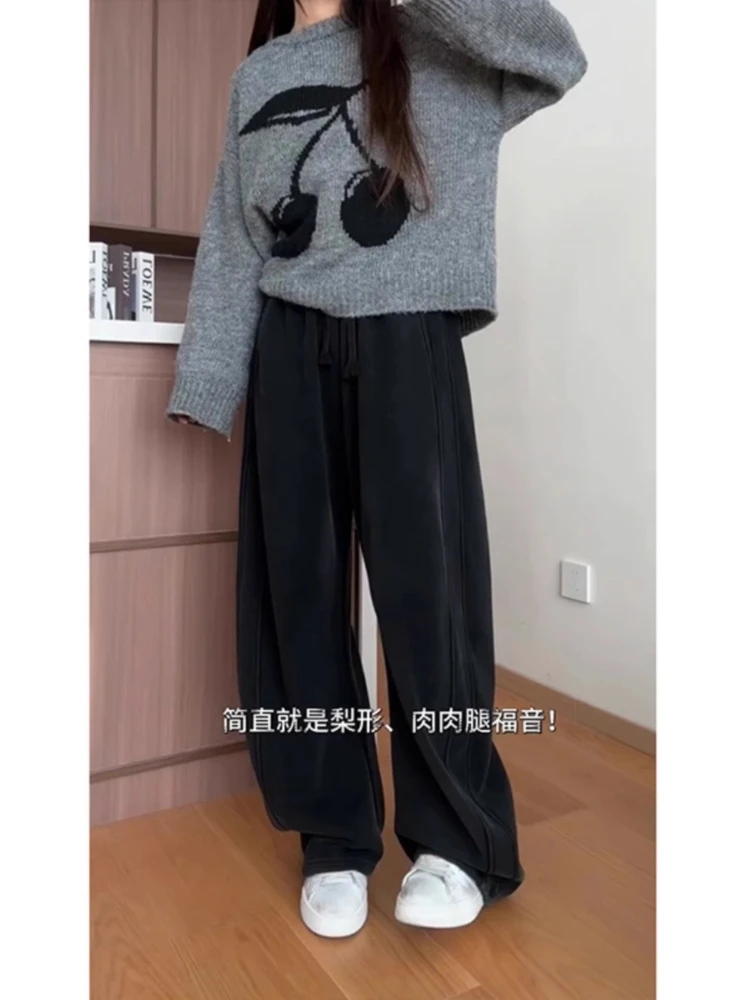 大码黑色休闲运动裤女秋宽松阔腿香蕉卫裤胖mm显瘦高腰阔腿弯刀裤