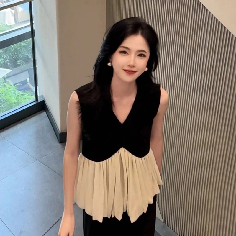 赫本风撞色荷叶边V领无袖背心T恤女夏季新款气质简约风修身上衣潮