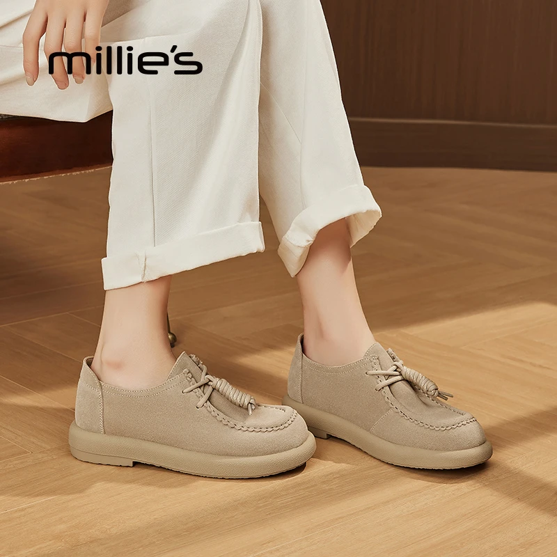 MILLIE S/妙丽低跟系带乐福鞋女2025年新款方头小皮鞋深口单鞋