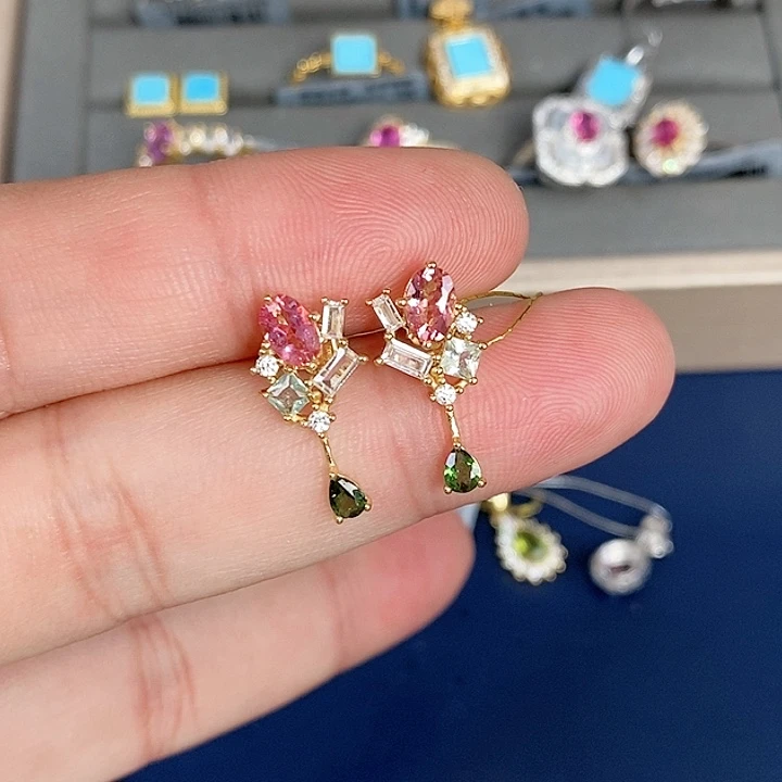 碧玺猫眼耳饰银S925镶嵌