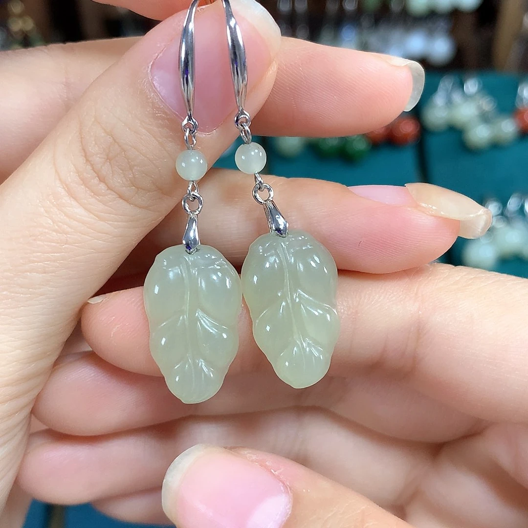 和田玉银S925镶嵌耳饰金枝玉叶19.5*12左右