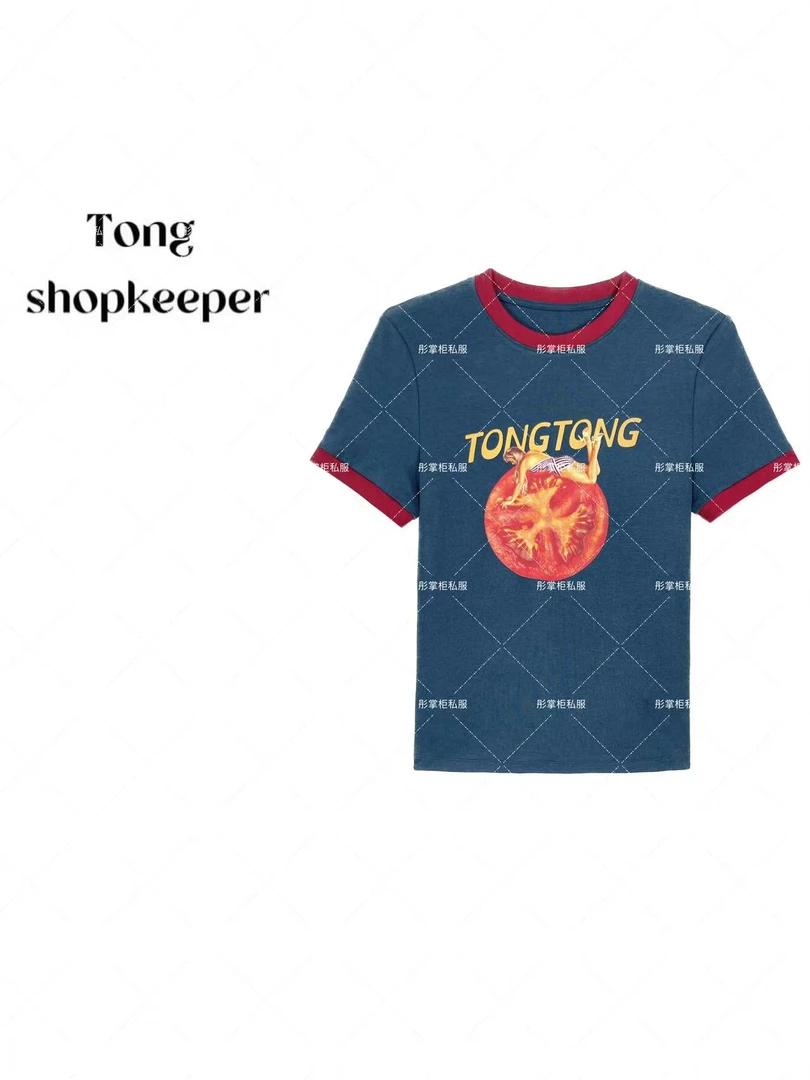 QJ/彤掌柜1682060 夏季25美式字母天丝羊毛艺术印花显瘦小众上衣