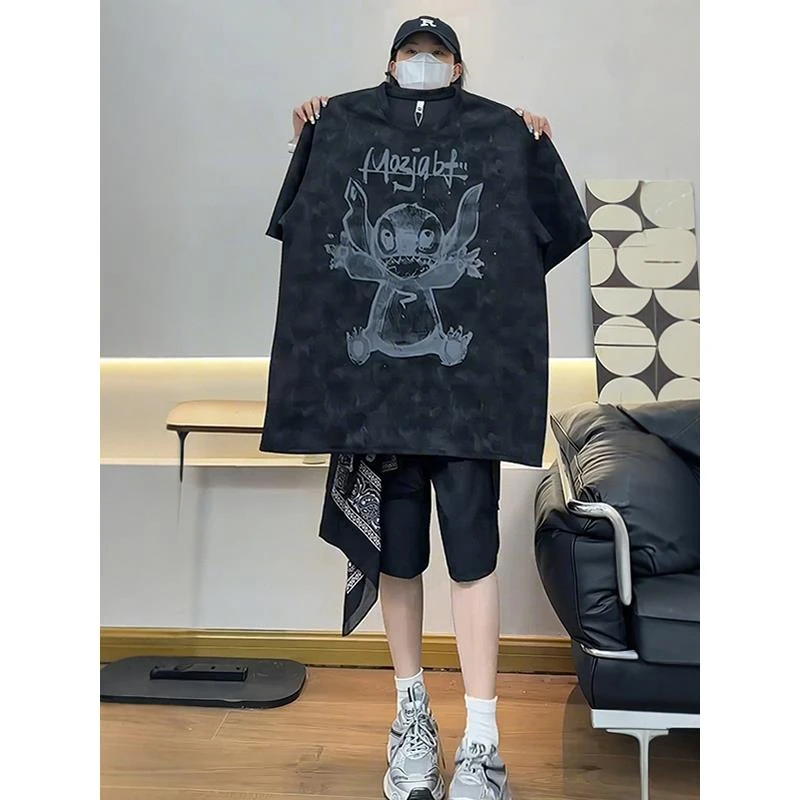 扎染印花史迪仔T恤短袖男款大码300斤穿搭美式高街重磅情侣七分袖