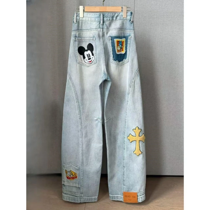 欧货高定米奇刺绣牛仔弯刀裤2025早春季新款大码梨形宽松时尚显瘦