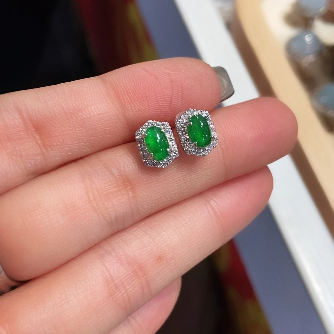 翡翠银S925镶嵌耳饰天然缅甸