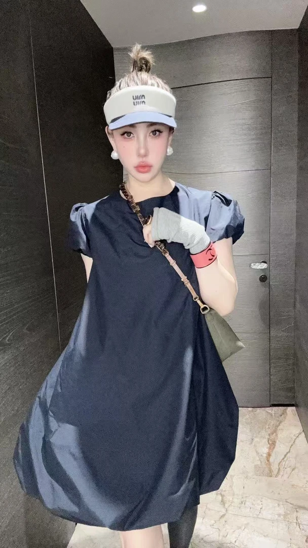 【HAV】  新款时髦减龄圆领净版下摆抽绳设计泡泡袖套头连衣裙