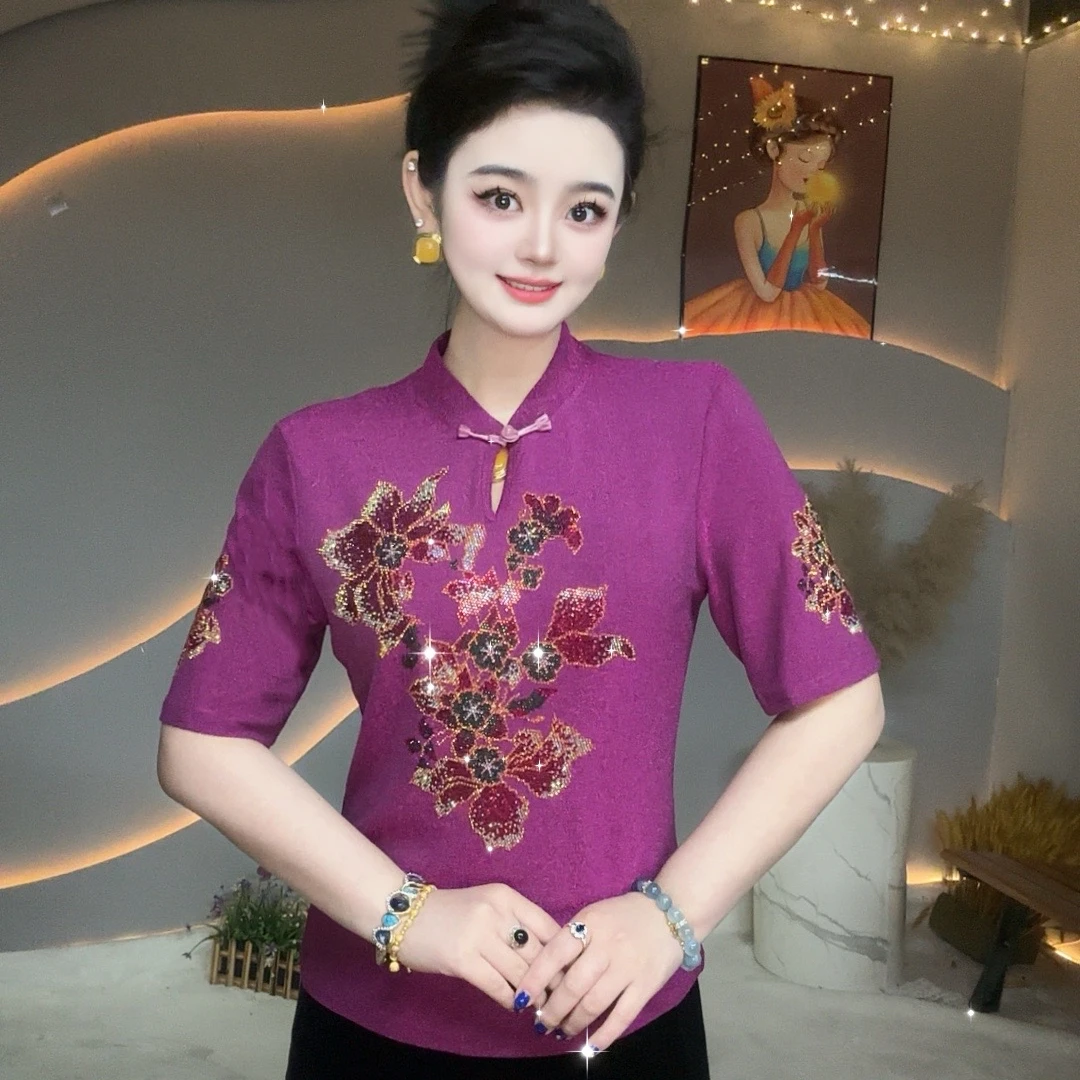【夏季新款】新中式天山雪莲国风旗袍领重工亮钻短袖打底衫女