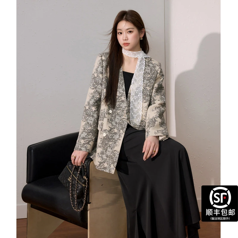 蓝语大码女装【送飘带】重工提花西装外套秋季显瘦西服上衣