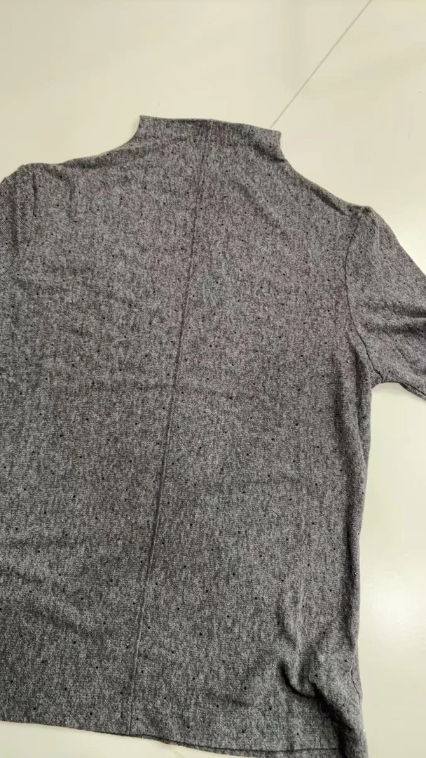 71186立领早秋纯色镶钻半袖网纱打底上衣