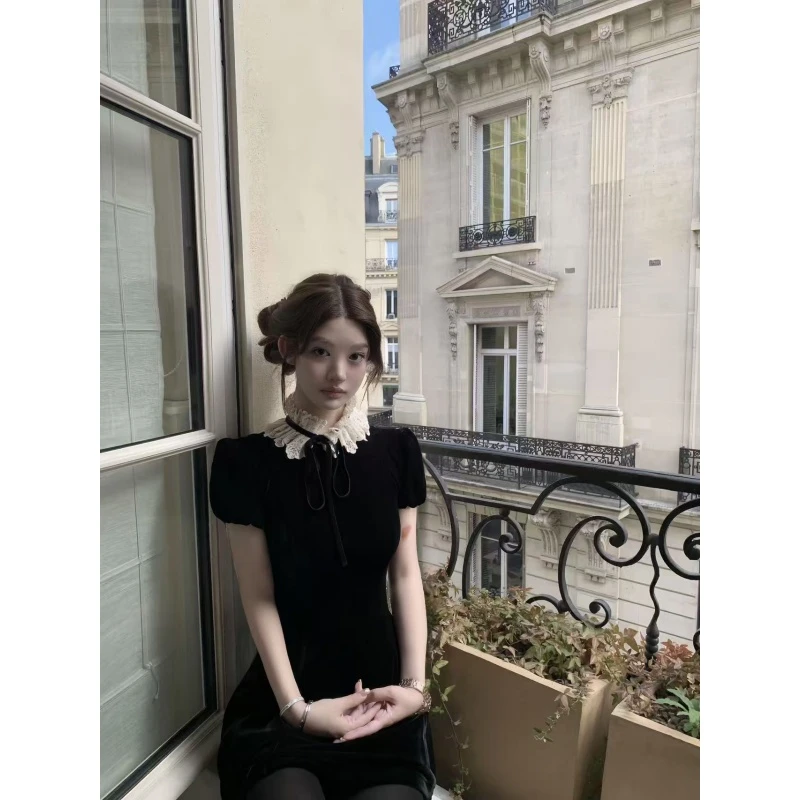 花边领连衣裙女秋季黑色收腰长袖裙子富家千金感气质a字短裙套装