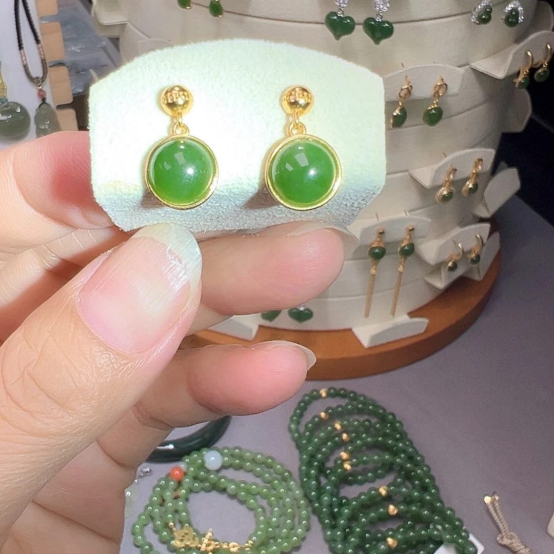 银S925镀金镶嵌和田玉（碧玉）耳饰