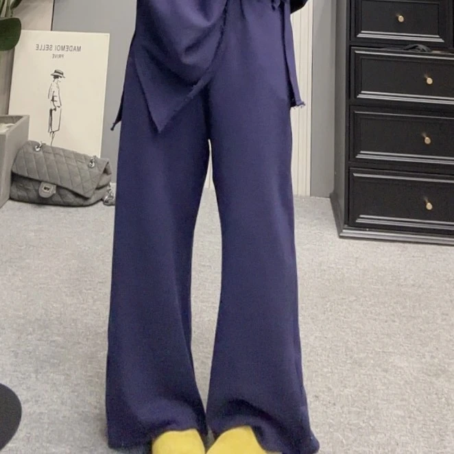 双双韩版宽松纯色毛圈抽绳阔腿裤女款直筒百搭卫裤春秋裤子休闲潮