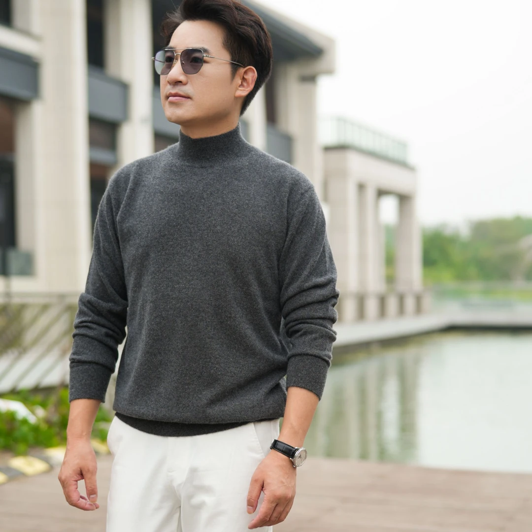 100%山羊绒加厚高领保暖山羊绒男士秋冬新款针织打底羊绒套头衫