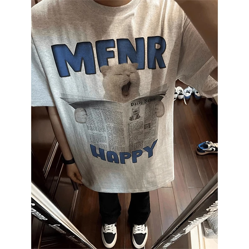 浅灰色美式潮牌短袖男女夏季设计感报纸小猫印花T恤情侣重磅半袖