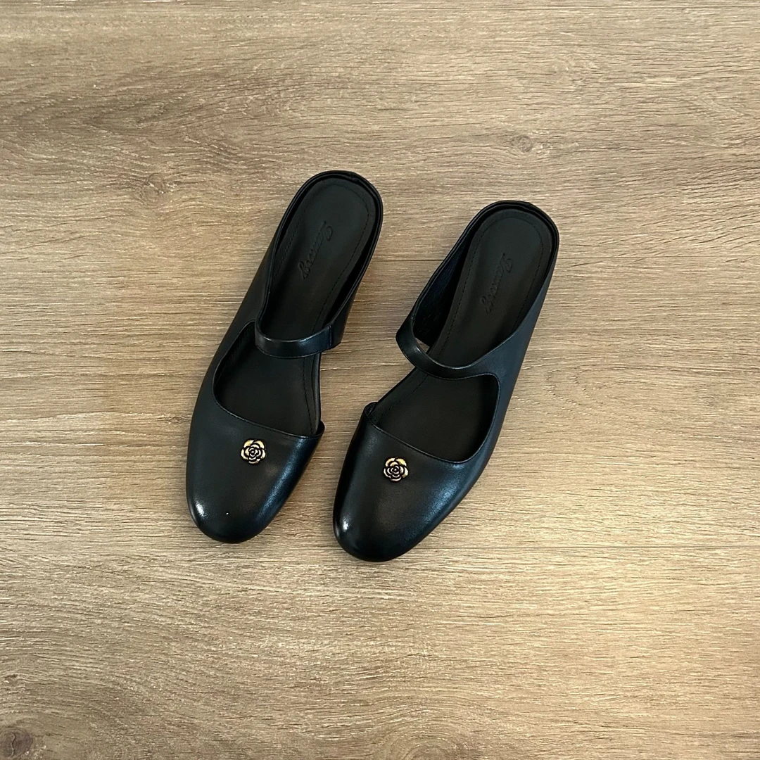 Dannyfrey法式时尚山茶花头层牛皮内增高女夏季新款穆勒鞋子4CM