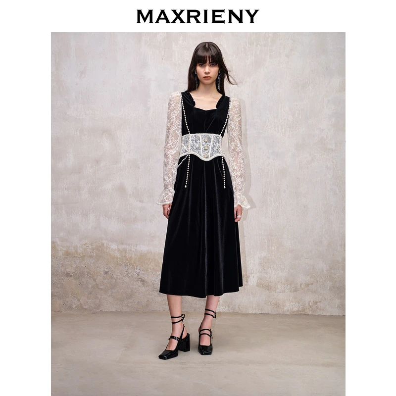 MAXRIENY法式宫廷复古风拼接蕾丝丝绒连衣裙秋冬