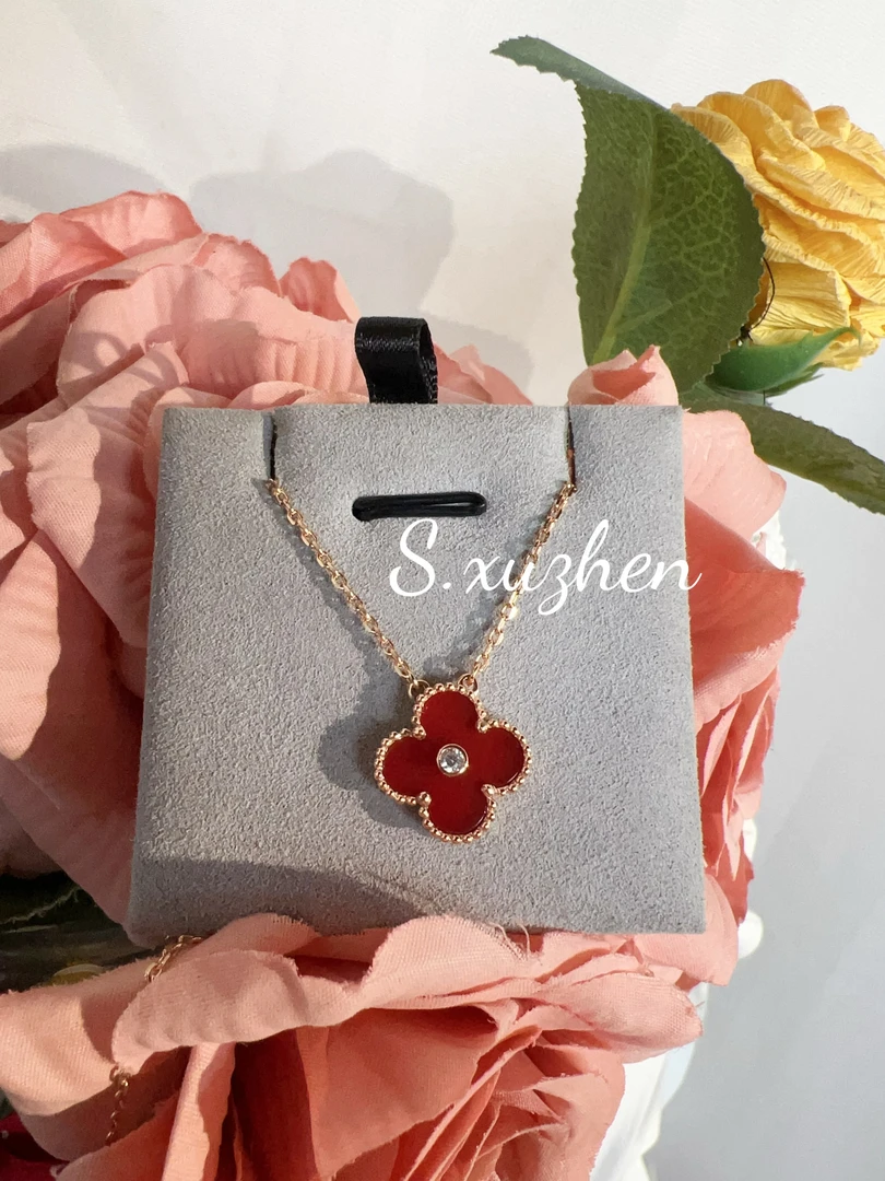 合金锆石项链 红色合金合成锆石圣诞款小众金色单花项链锁骨链