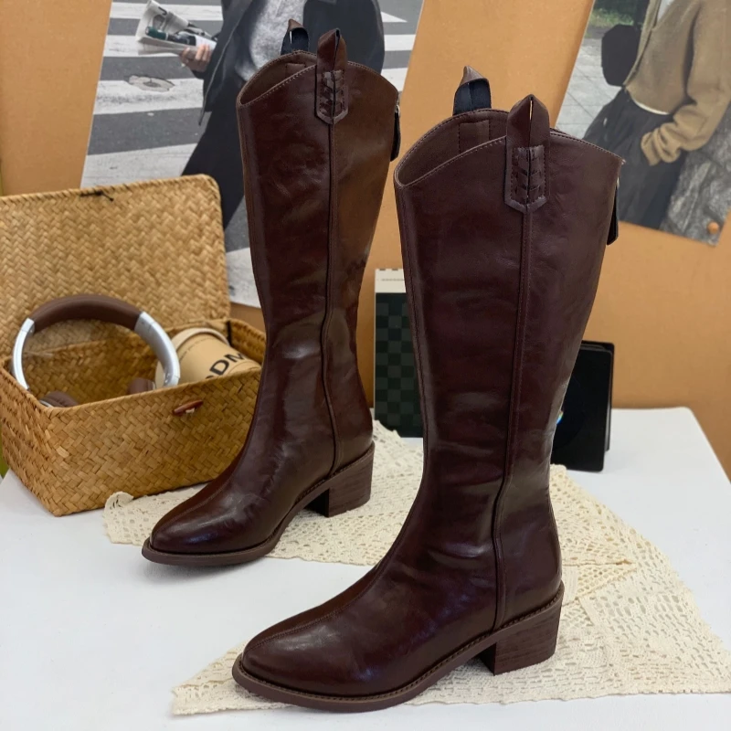 尖头粗跟长筒靴2025秋冬韩版新款V口中跟高筒骑士靴显瘦西部靴女