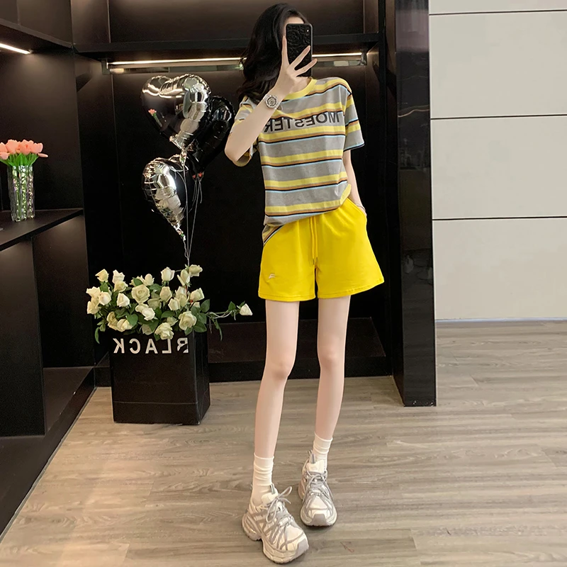 2025夏季新款女黄色条纹时尚休闲宽松显瘦减龄短袖短裤运动套装潮