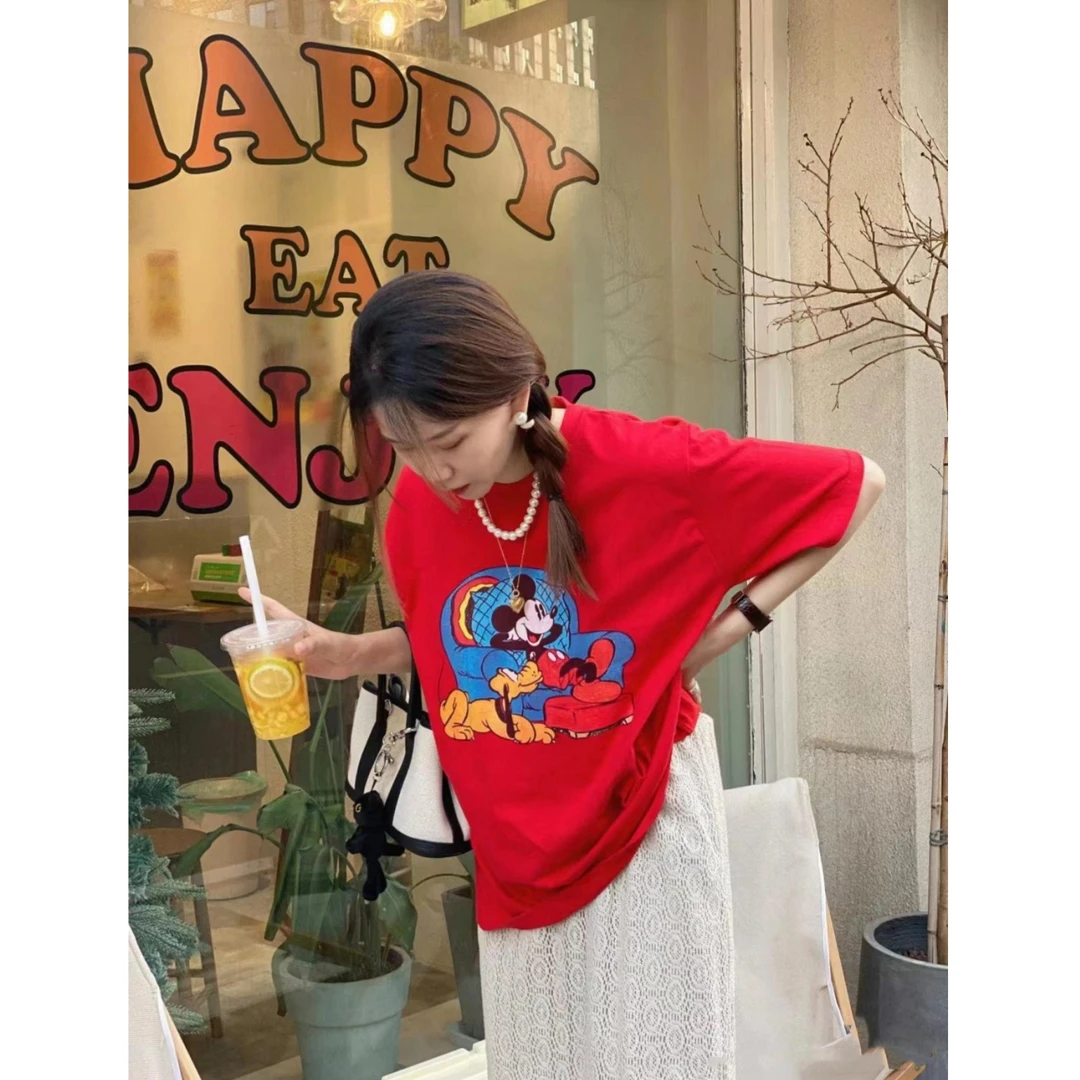2026新款卡通米奇印花红色短袖t恤女慵懒风宽松显瘦圆领韩版上衣