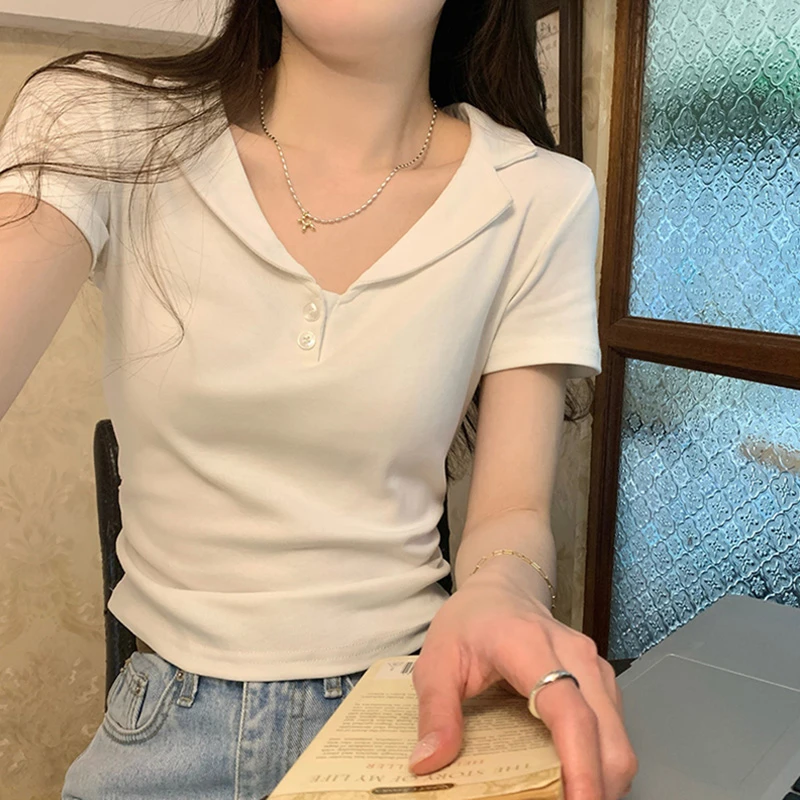 法式polo翻领正肩露锁骨夏季t恤女士收腰遮肉短袖辣妹显瘦短上衣