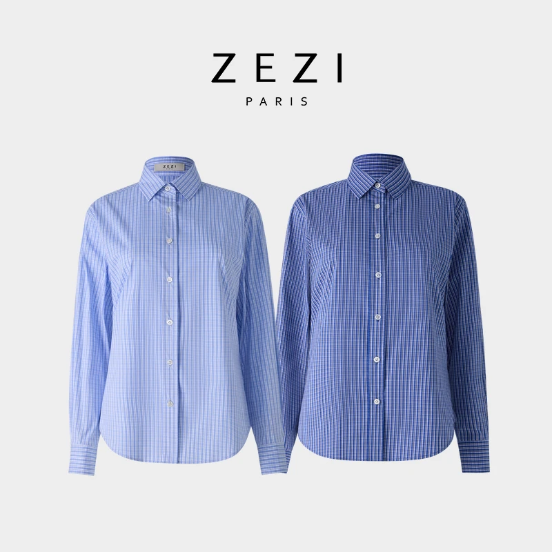 ZEZIMIU风棉衬衫_长袖单排扣女士衬衣格纹宽松显瘦开衫时尚通勤装