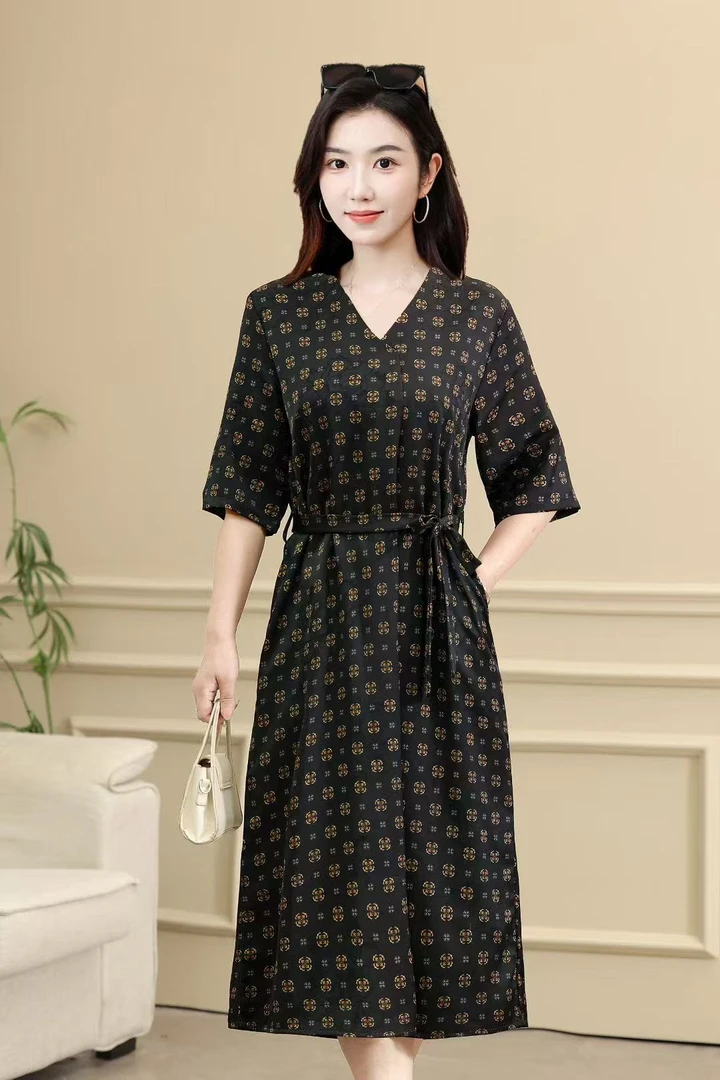 织花A1491显瘦气质时尚收腰中长款印花优雅秋季上新