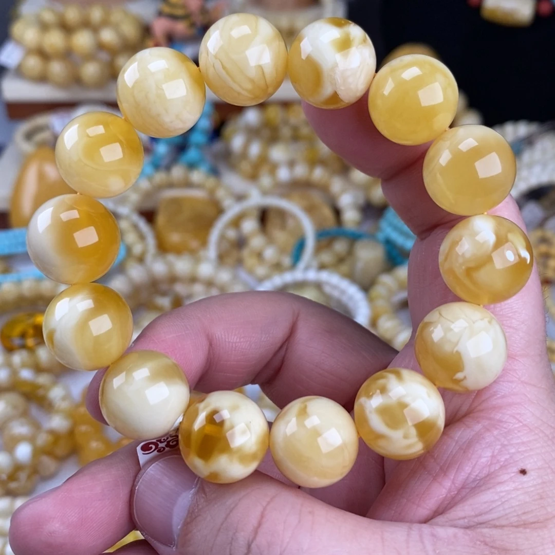 蜜蜡未镶嵌手链瓷白溶洞妖花16mm圆珠