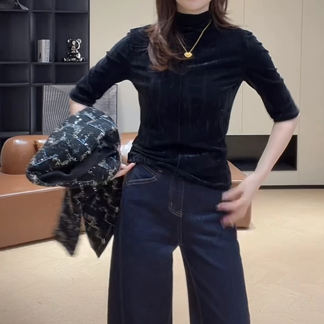 秋季半高领褶皱丝绒打底T恤女2025新款气质修身显瘦长袖上衣